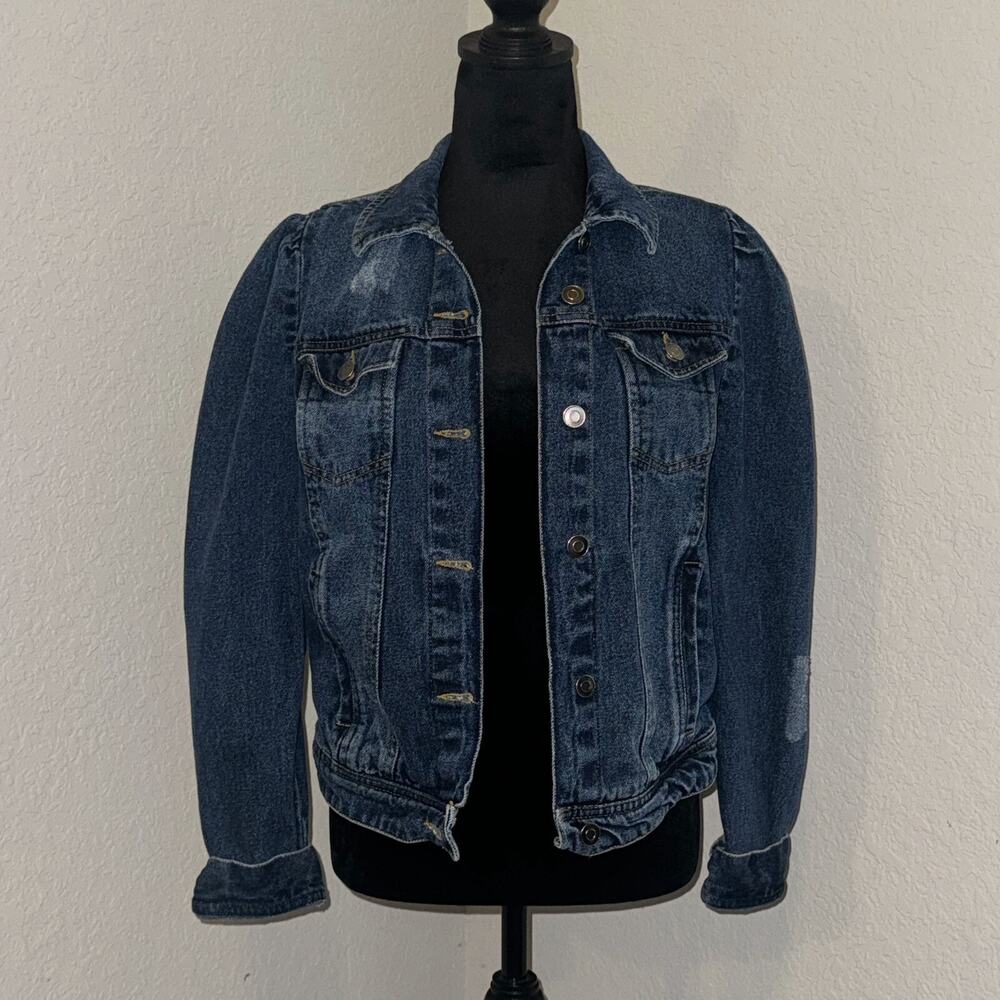 Elan Denim Jacket Women's Medium Blue Piper Puff Sleeve Long Sleeve Button Front